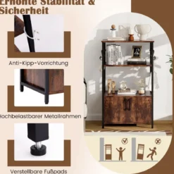 Küchenregal mit Schrank 3-stöckiger Bäckerregal mit 2 offenen Ablagen & 10 Haken 60 x 40 x 100 cm Braun