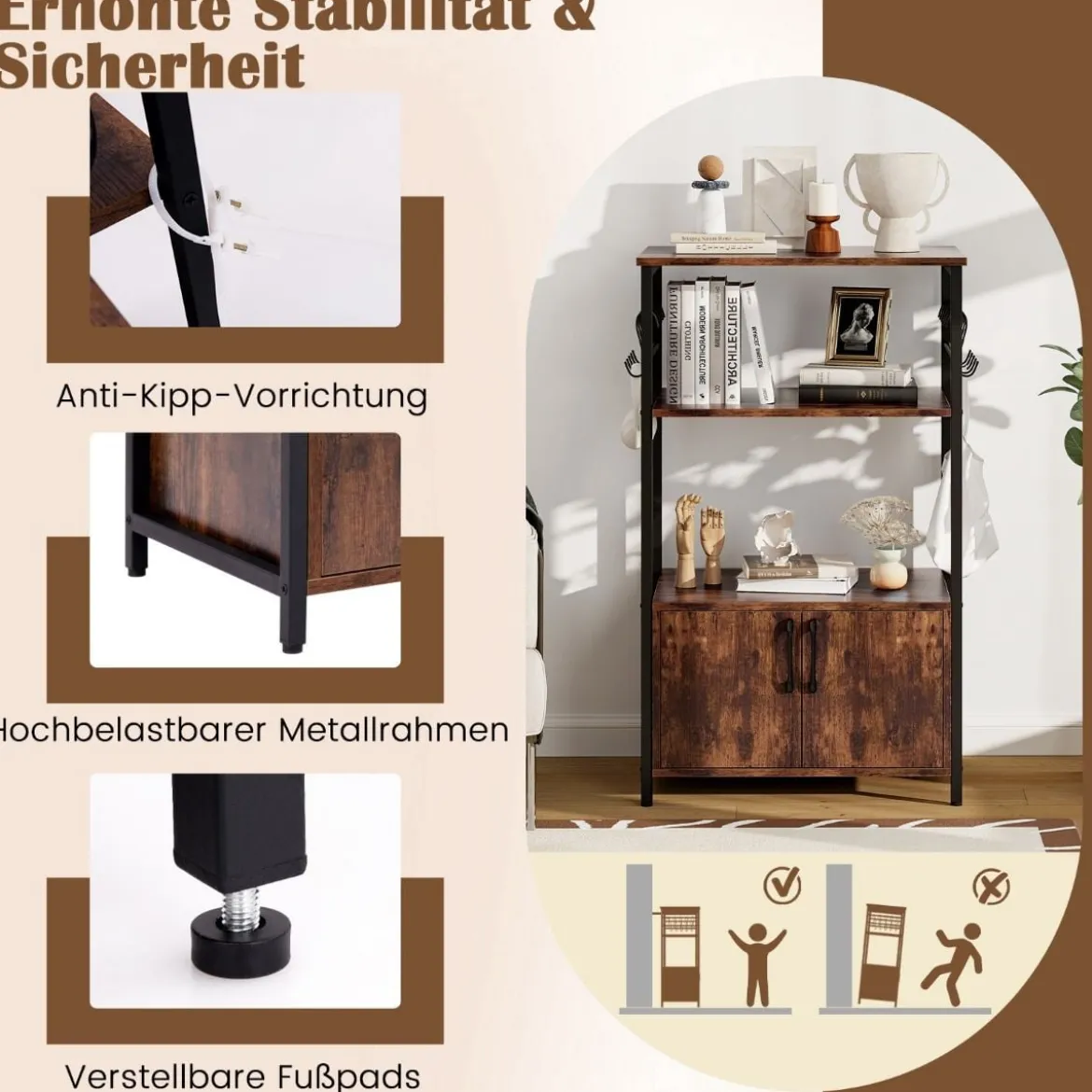 Küchenregal mit Schrank 3-stöckiger Bäckerregal mit 2 offenen Ablagen & 10 Haken 60 x 40 x 100 cm Braun
