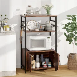Küchenregal mit Schrank 3-stöckiger Bäckerregal mit 2 offenen Ablagen & 10 Haken 60 x 40 x 100 cm Braun