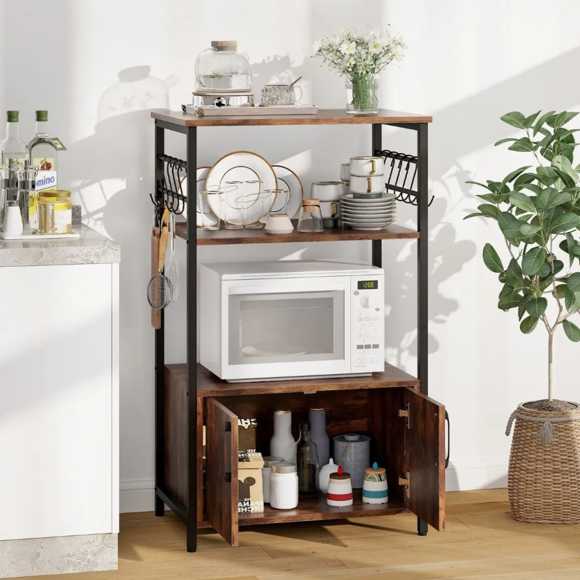Küchenregal mit Schrank 3-stöckiger Bäckerregal mit 2 offenen Ablagen & 10 Haken 60 x 40 x 100 cm Braun
