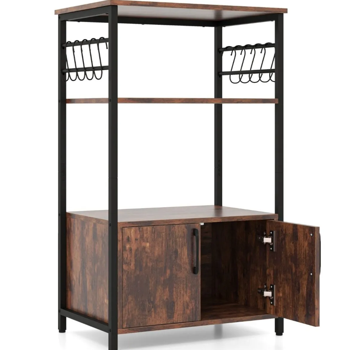 Küchenregal mit Schrank 3-stöckiger Bäckerregal mit 2 offenen Ablagen & 10 Haken 60 x 40 x 100 cm Braun