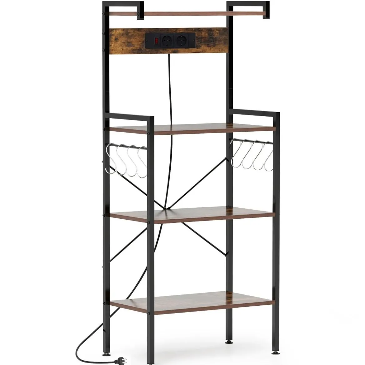 Küchenregal mit Steckdosen & 8 S-förmigen Haken Mikrowellen Regal Standregal Braun