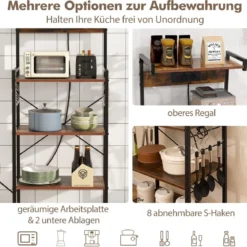 Küchenregal mit Steckdosen & 8 S-förmigen Haken Mikrowellen Regal Standregal Braun