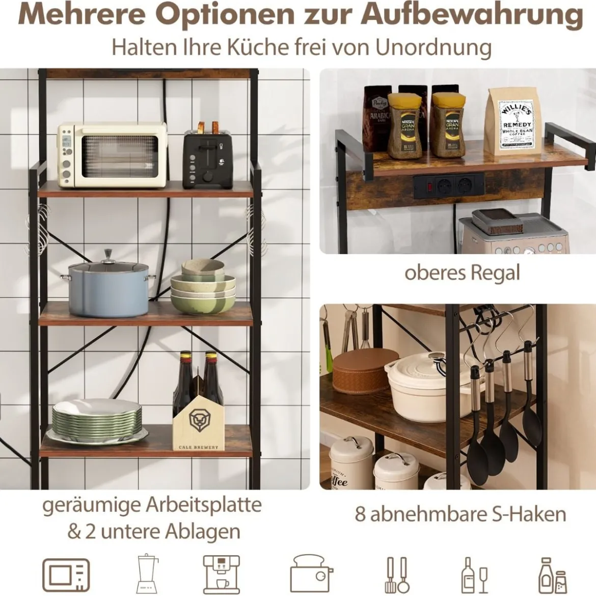 Küchenregal mit Steckdosen & 8 S-förmigen Haken Mikrowellen Regal Standregal Braun