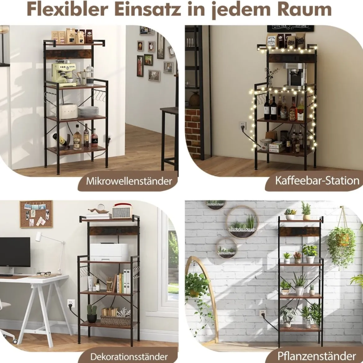 Küchenregal mit Steckdosen & 8 S-förmigen Haken Mikrowellen Regal Standregal Braun