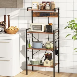 Küchenregal mit Steckdosen & 8 S-förmigen Haken Mikrowellen Regal Standregal Braun