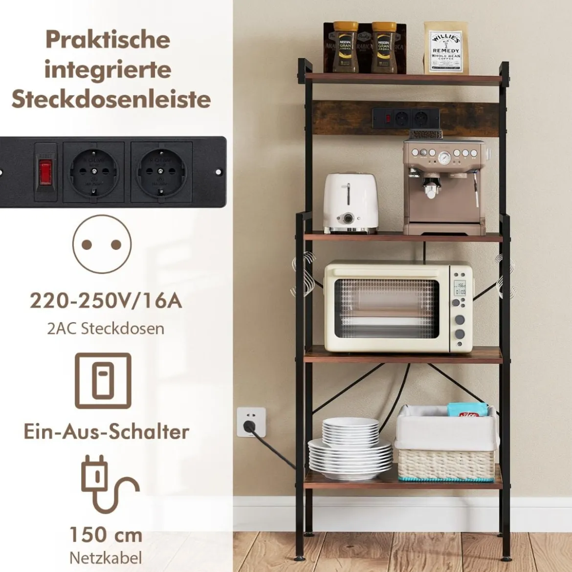 Küchenregal mit Steckdosen & 8 S-förmigen Haken Mikrowellen Regal Standregal Braun