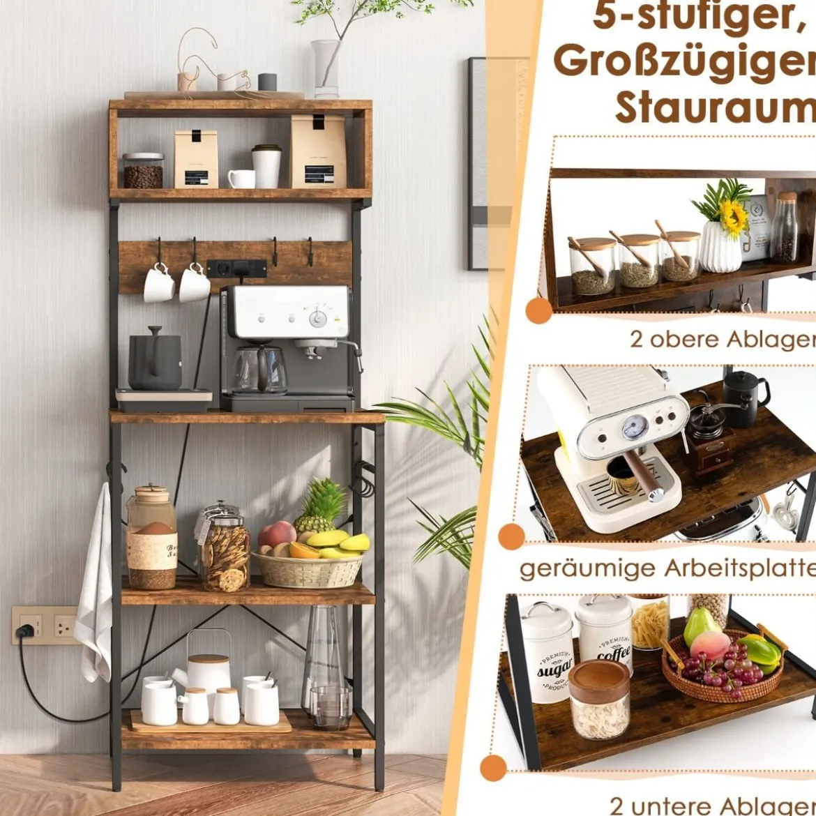 Küchenregal mit Steckdose & Offenen Regalen & 10 Aufhängehaken Standregal Mikrowellenregal