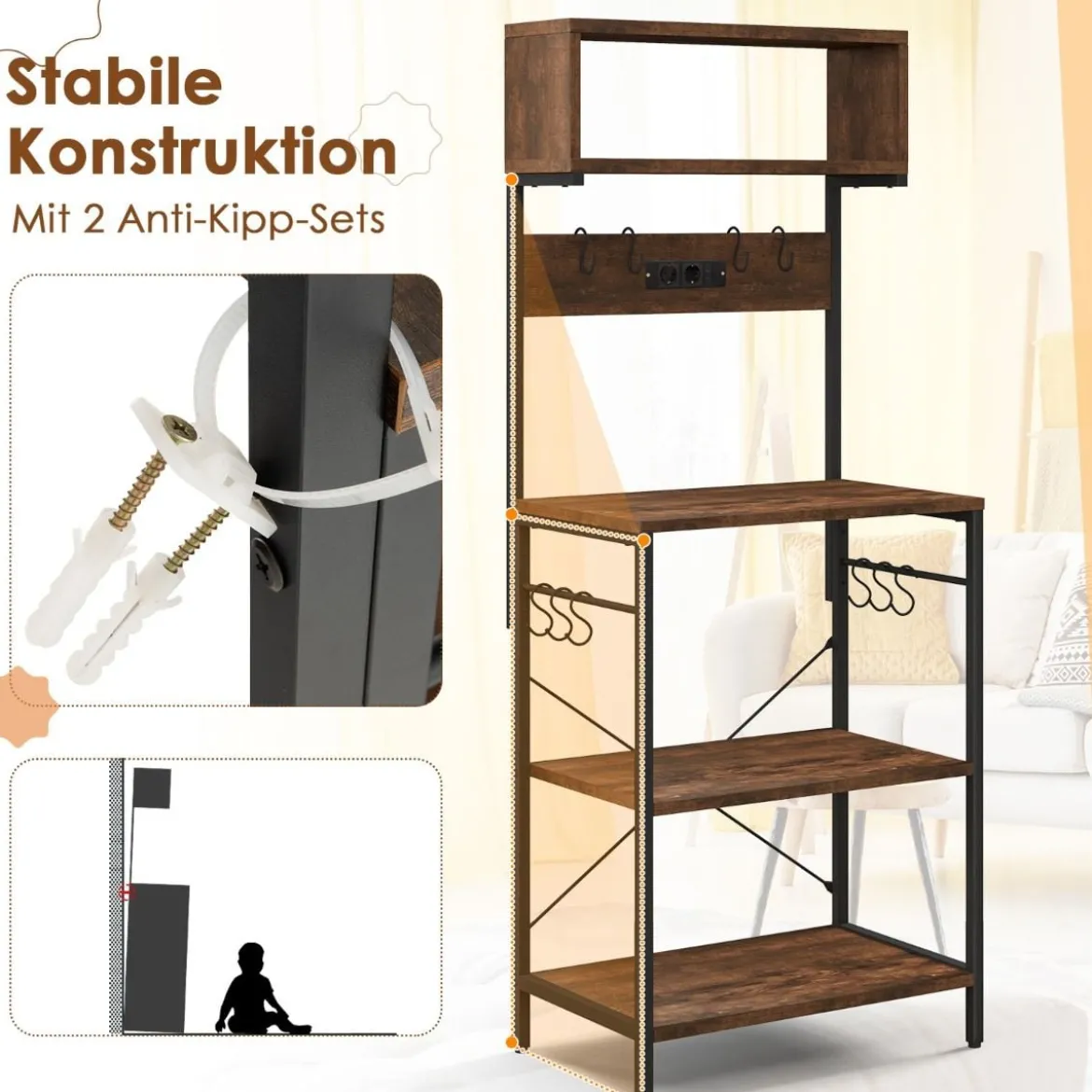 Küchenregal mit Steckdose & Offenen Regalen & 10 Aufhängehaken Standregal Mikrowellenregal