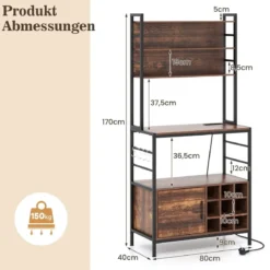 Küchenregal mit Steckdose Weinregal für 9 Flaschen Standregal mit Schrank Schwarz/Rustikales Braun