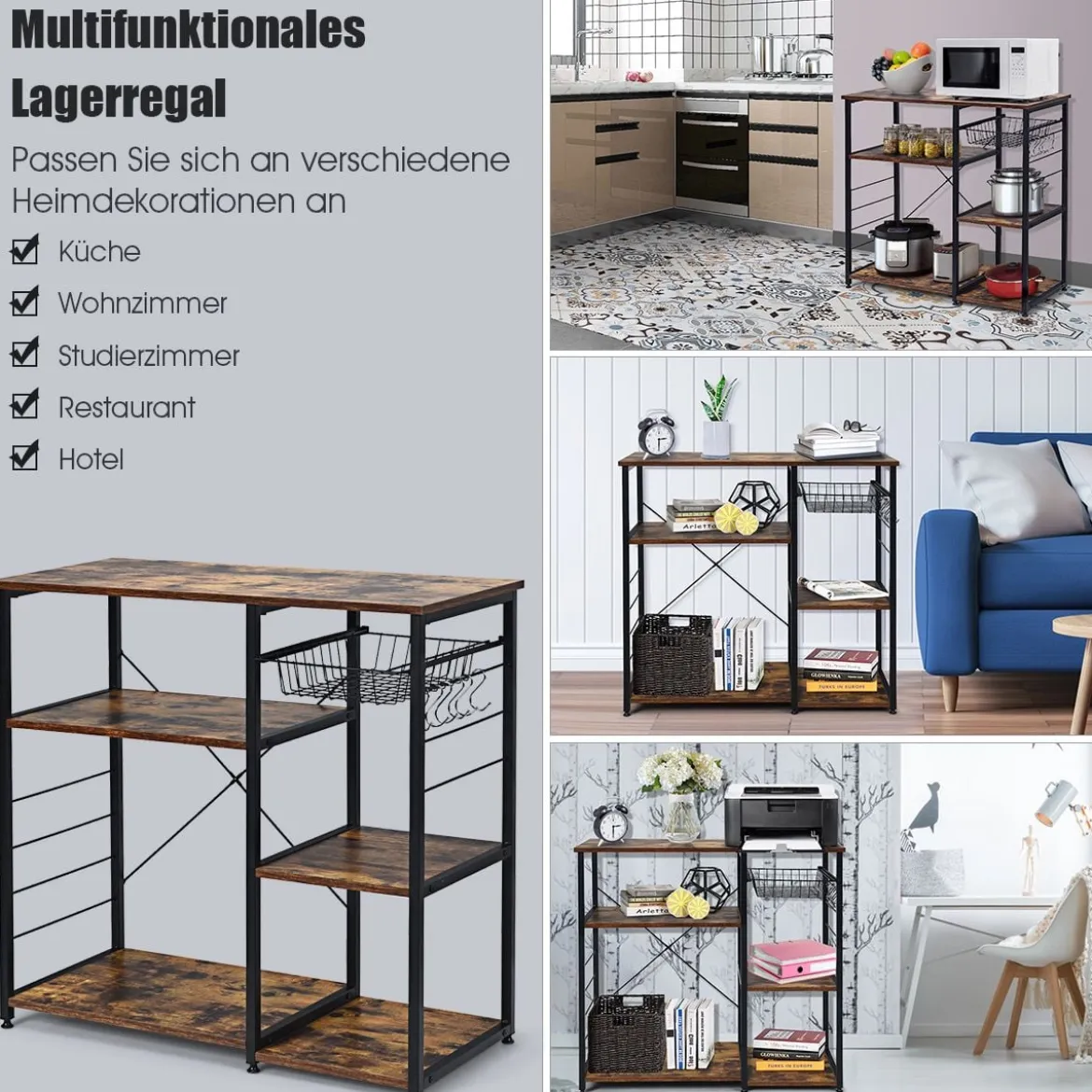 Küchenregal Standregal Bäckerregal Lagerregal mit Haken und Körben Mikrowellenregal Natur