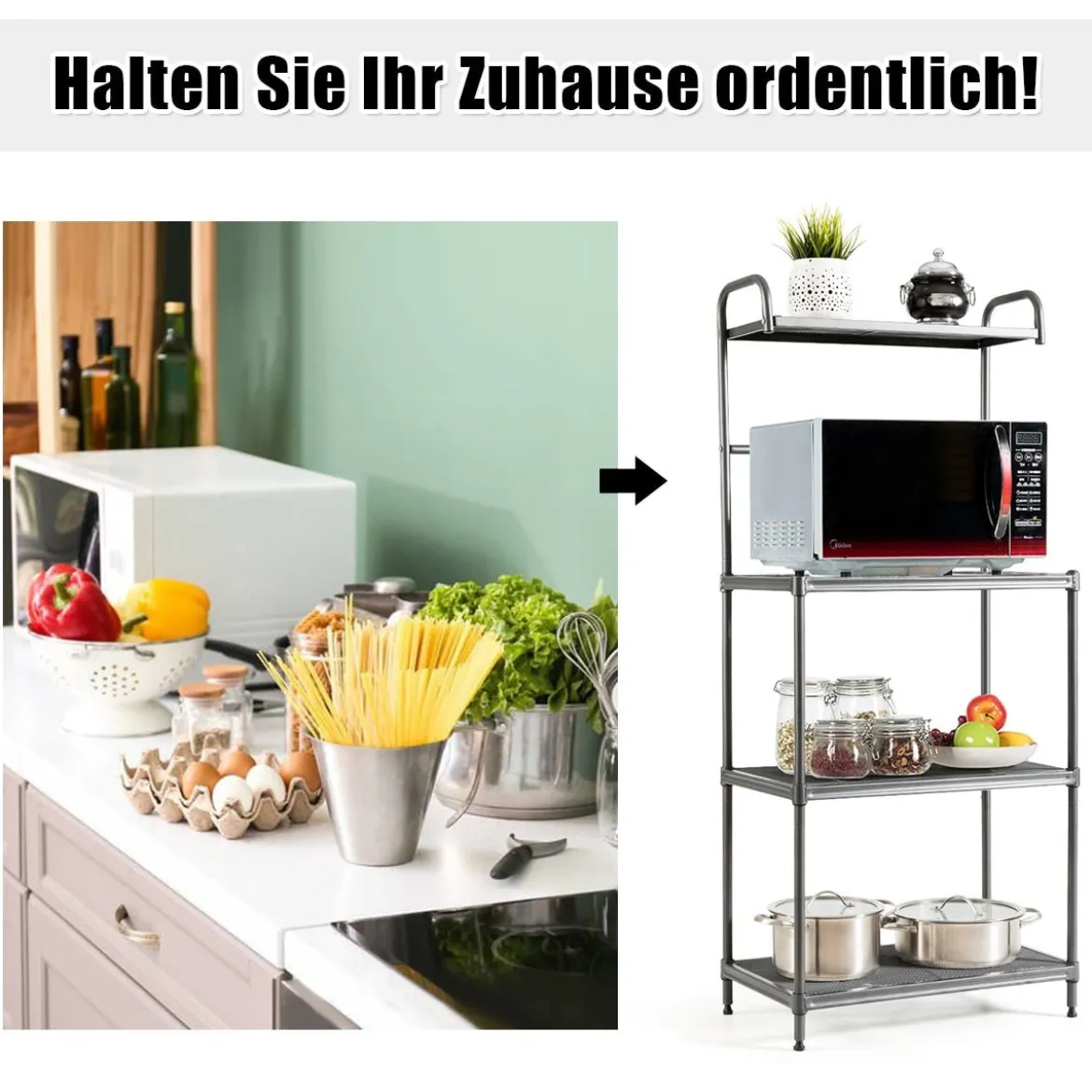 Küchenregal 4-stufig Mikrowellenregal mit verstellbaren Regalböden Mikrowellenständer aus Metall 59 x 34 x 136 cm