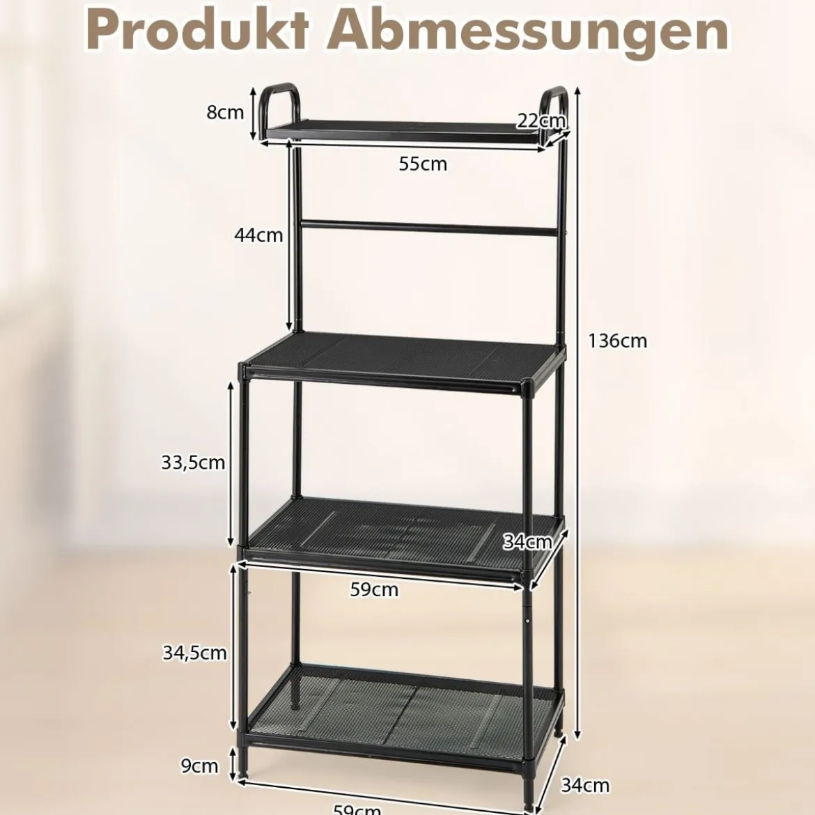 Küchenregal 4-stufig Mikrowellenregal mit verstellbaren Regalböden Mikrowellenständer aus Metall 59 x 34 x 136 cm