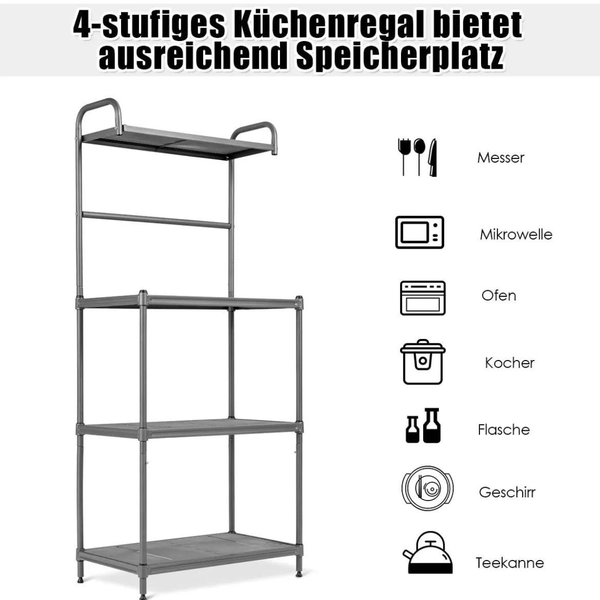 Küchenregal 4-stufig Mikrowellenregal mit verstellbaren Regalböden Mikrowellenständer aus Metall 59 x 34 x 136 cm