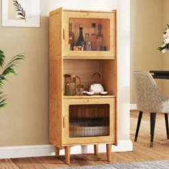 Küchenschrank aus Bambus 3-stöckiger Buffetschrank mit 2 Acryltüren Natur 49,5 x 40 x 130 cm