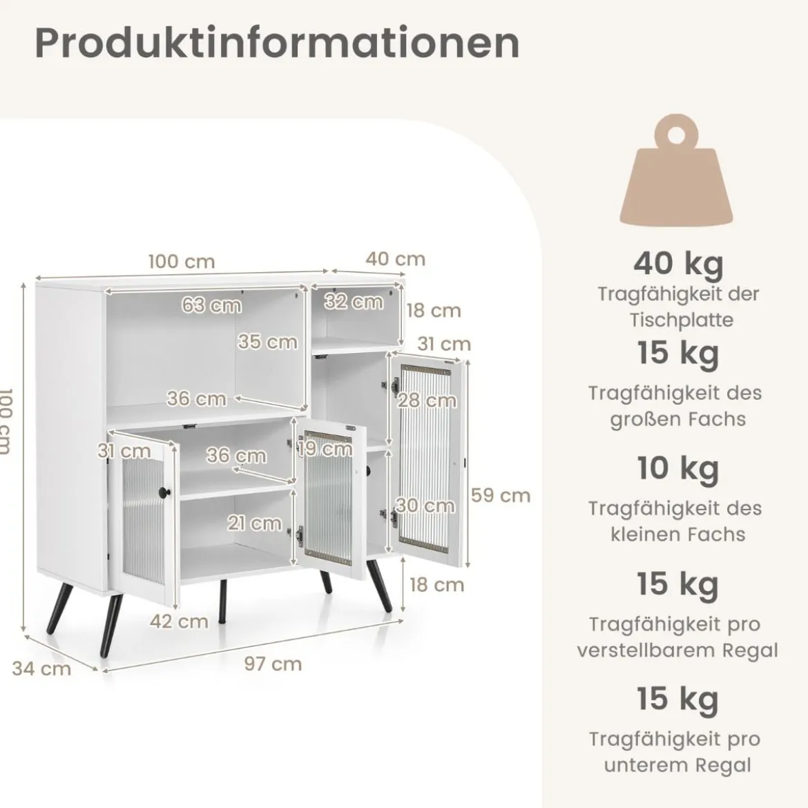 Küchenschrank aus Holz mit Glastüren mit verstellbaren Einlegeböden Sideboard Weiß