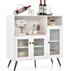 Küchenschrank aus Holz mit Glastüren mit verstellbaren Einlegeböden Sideboard Weiß