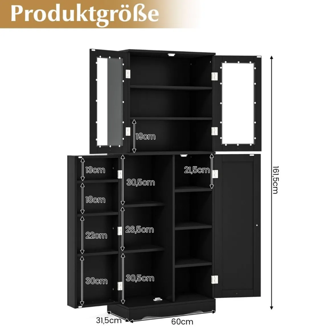 Küchenschrank aus Holz mit 2 Türen gehärtetem Glas & Regalen Hochschrank Schwarz