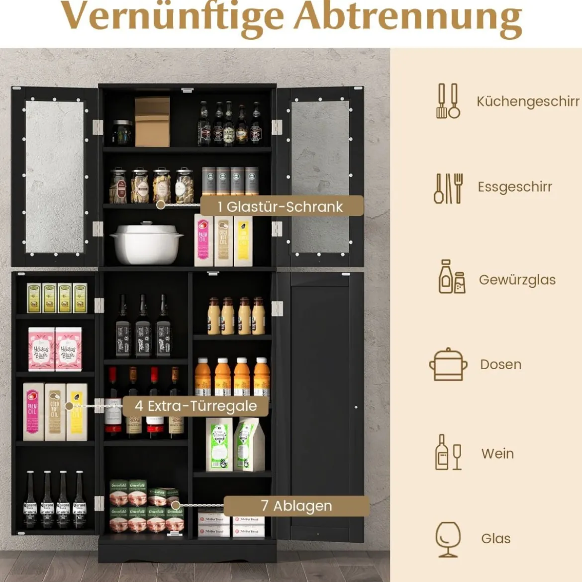 Küchenschrank aus Holz mit 2 Türen gehärtetem Glas & Regalen Hochschrank Schwarz