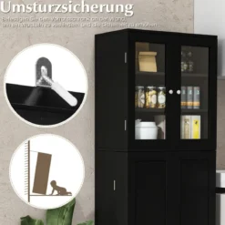 Küchenschrank aus Holz mit 2 Türen gehärtetem Glas & Regalen Hochschrank Schwarz