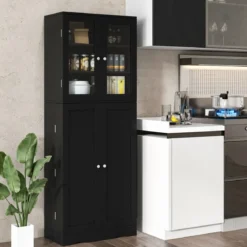 Küchenschrank aus Holz mit 2 Türen gehärtetem Glas & Regalen Hochschrank Schwarz