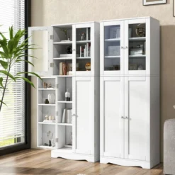 Küchenschrank aus Holz mit 2 Türen gehärtetem Glas & Regalen Hochschrank Weiß
