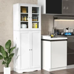 Küchenschrank aus Holz mit 2 Türen gehärtetem Glas & Regalen Hochschrank Weiß
