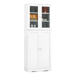 Küchenschrank aus Holz mit 2 Türen gehärtetem Glas & Regalen Hochschrank Weiß