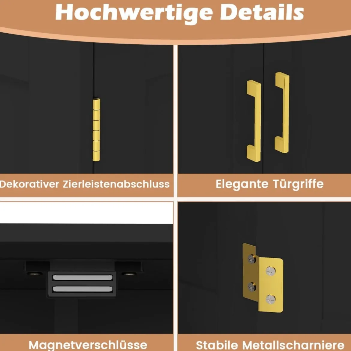 Küchenschrank aus Holz Vorratsschrank Küche Buffetschrank mit 4 Türen & 2 verstellbaren Regalen Schwarz/Weiß