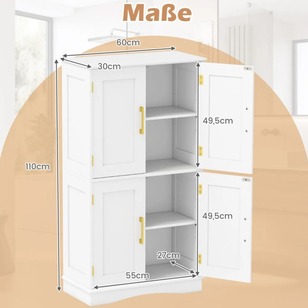 Küchenschrank aus Holz Vorratsschrank Küche Buffetschrank mit 4 Türen & 2 verstellbaren Regalen Schwarz/Weiß