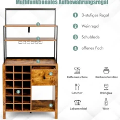 Küchenschrank 160cm Buffetschrank mit Weinregal für 18 Weinflaschen und Schublade 74 x 40 x 160 cm