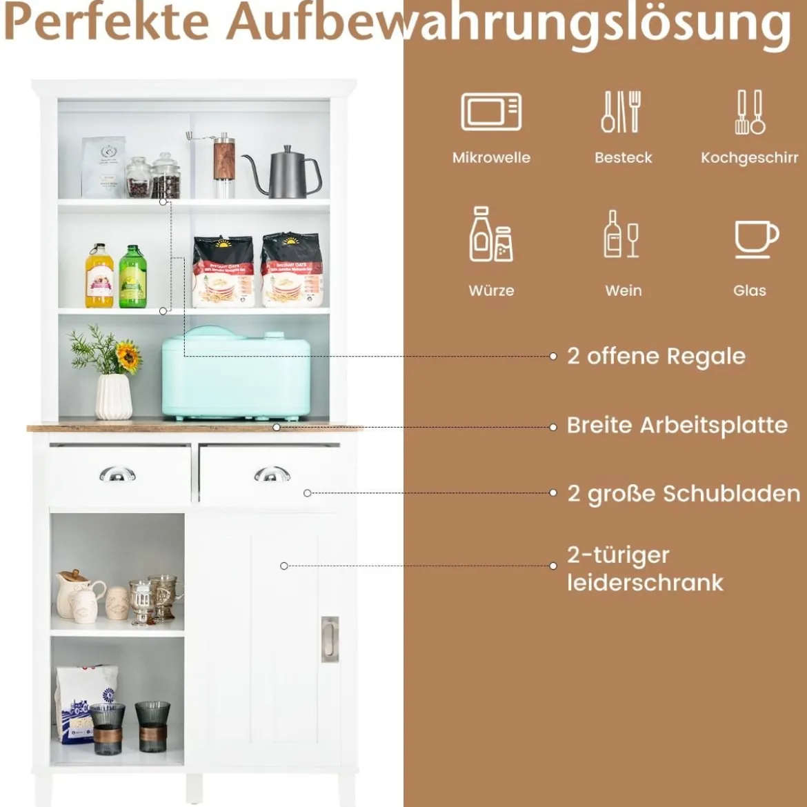 Küchenschrank Freistehender Buffetschrank mit Schiebetüren 76 x 47 x 170 cm Weiß