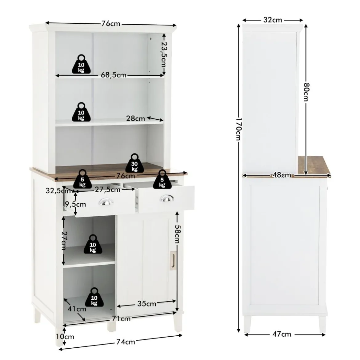 Küchenschrank Freistehender Buffetschrank mit Schiebetüren 76 x 47 x 170 cm Weiß