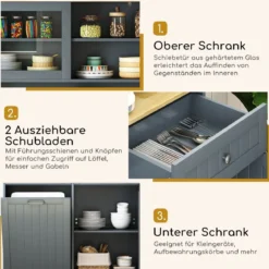 Küchenschrank für 45 L Mülleimer mit 2 Schubladen & Verstellbaren Einlegeböden Buffetschrank Grau