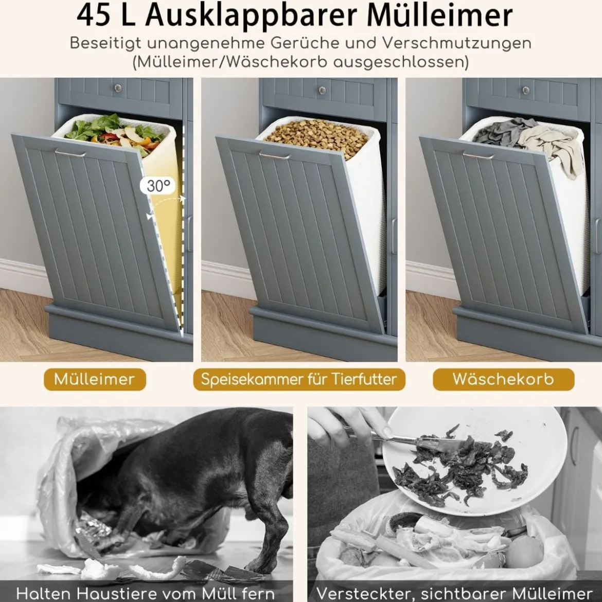 Küchenschrank für 45 L Mülleimer mit 2 Schubladen & Verstellbaren Einlegeböden Buffetschrank Grau