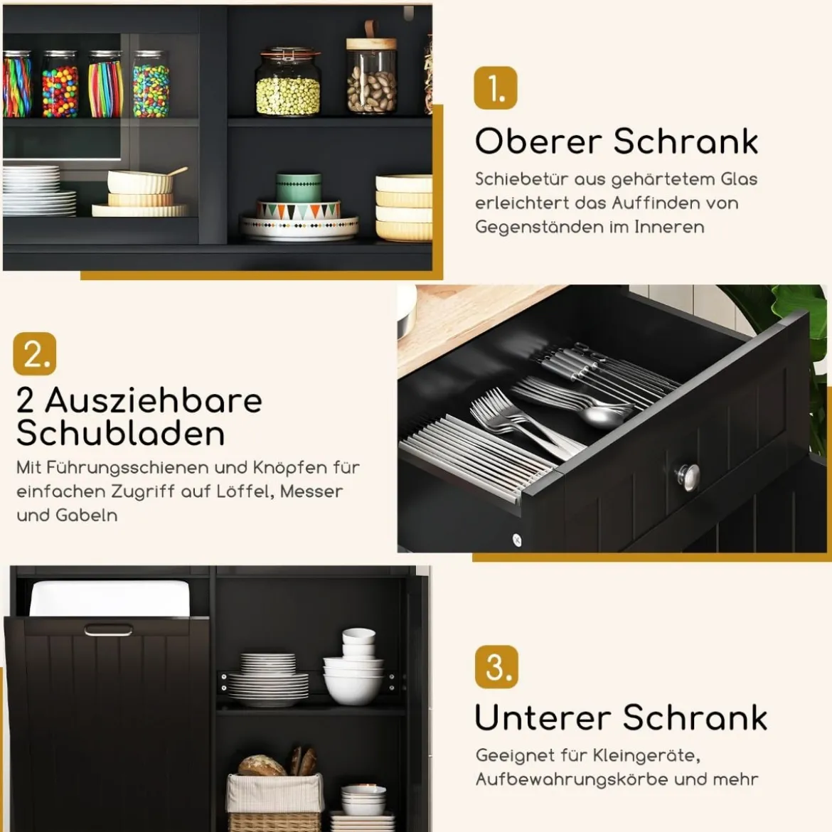 Küchenschrank für 45 L Mülleimer mit 2 Schubladen & Verstellbaren Einlegeböden Buffetschrank Schwarz