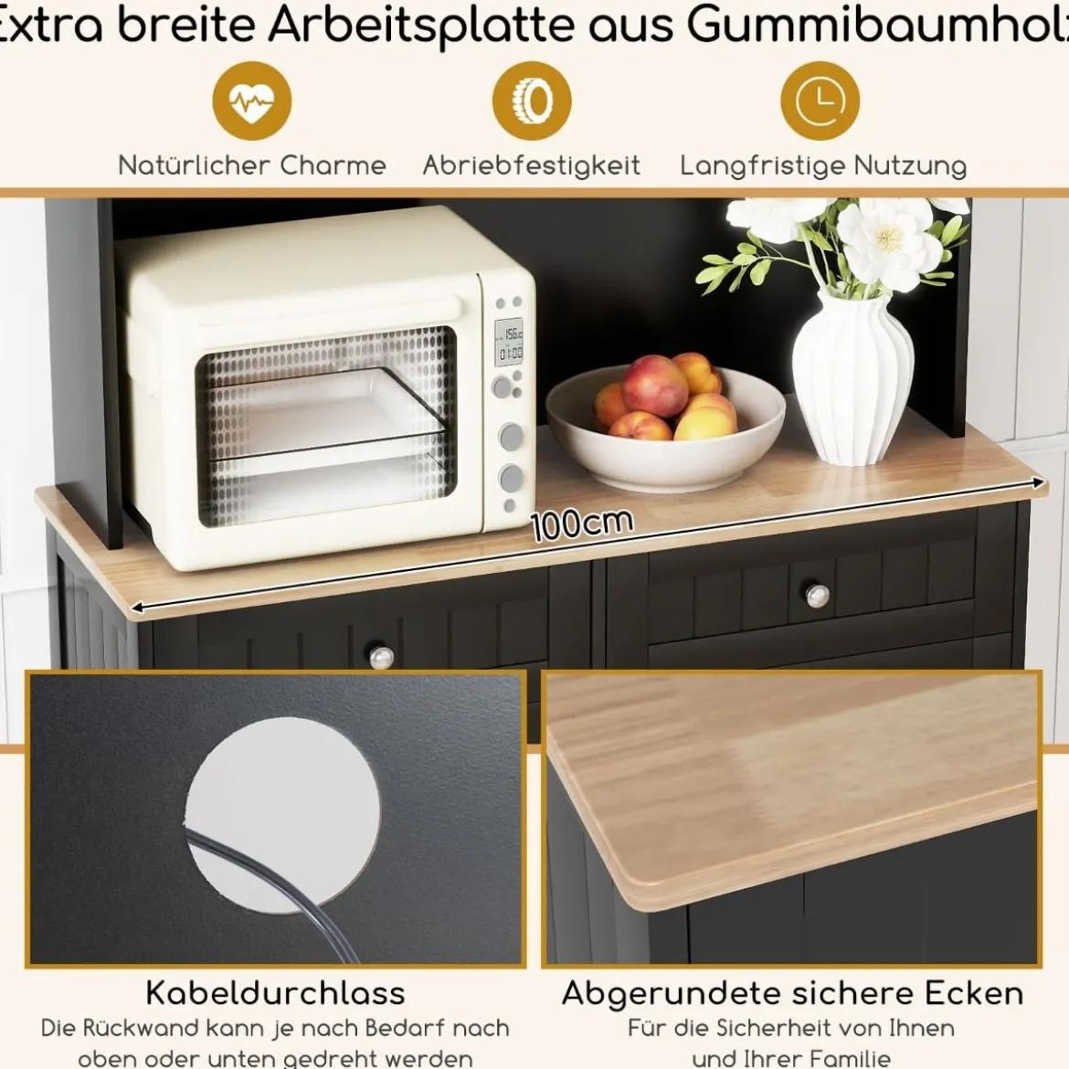 Küchenschrank für 45 L Mülleimer mit 2 Schubladen & Verstellbaren Einlegeböden Buffetschrank Schwarz