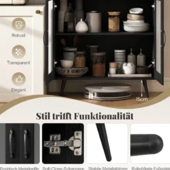 Küchenschrank hoch 178,5 cm Küchenregal mit 4 transparenten Türen & verstellbares Regal Schwarz