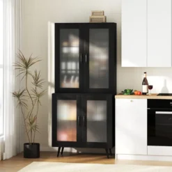 Küchenschrank hoch 178,5 cm Küchenregal mit 4 transparenten Türen & verstellbares Regal Schwarz
