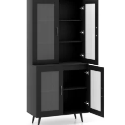 Küchenschrank hoch 178,5 cm Küchenregal mit 4 transparenten Türen & verstellbares Regal Schwarz