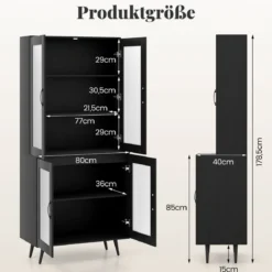 Küchenschrank hoch 178,5 cm Küchenregal mit 4 transparenten Türen & verstellbares Regal Schwarz