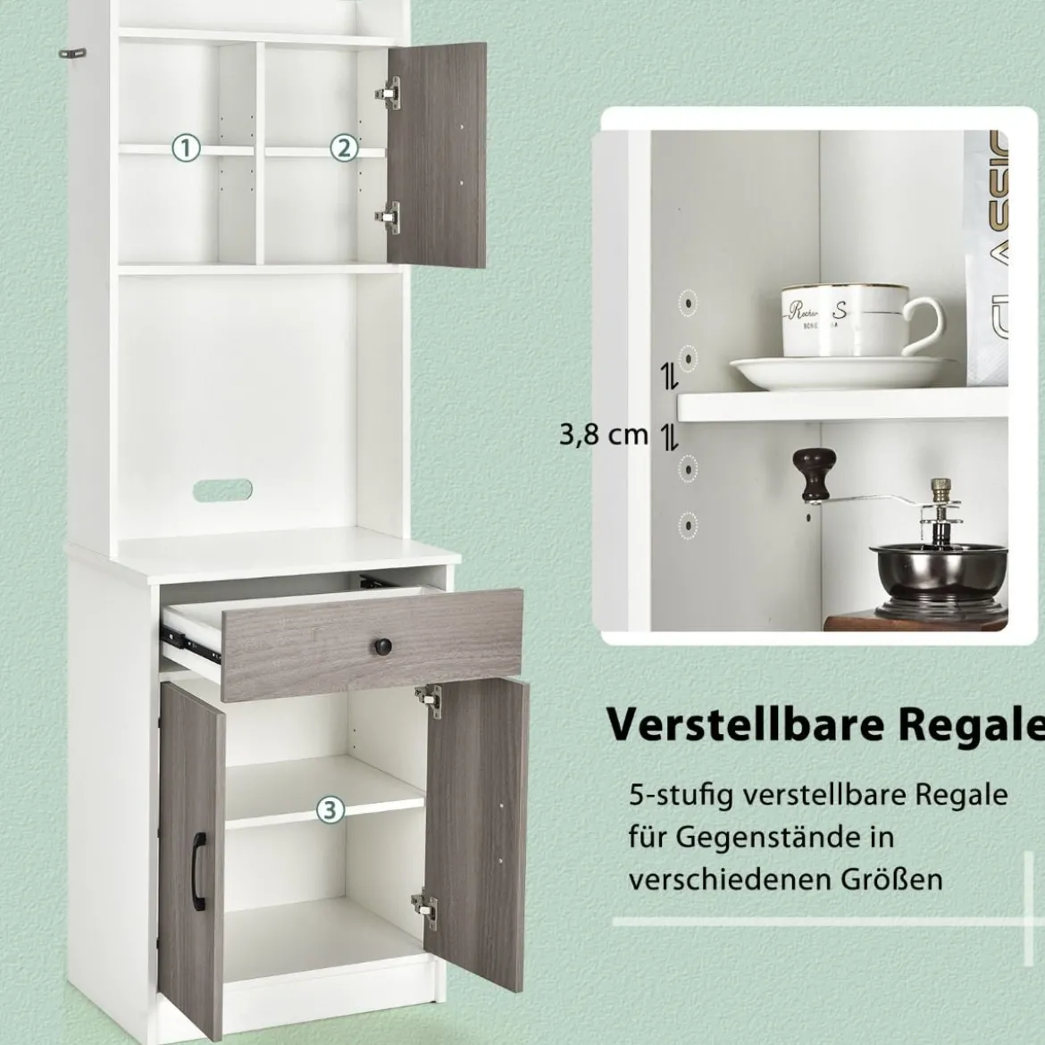 Küchenschrank Hochschrank Holz mit Schublade Verstellbare Einlegeböden 60 x 40 x 180 cm Weiß