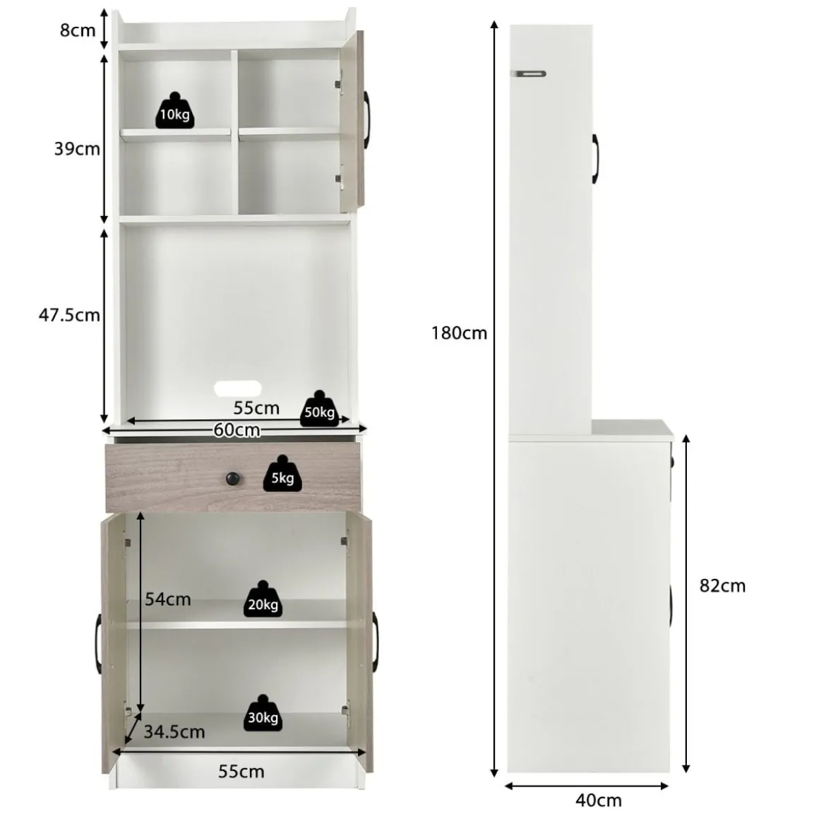 Küchenschrank Hochschrank Holz mit Schublade Verstellbare Einlegeböden 60 x 40 x 180 cm Weiß