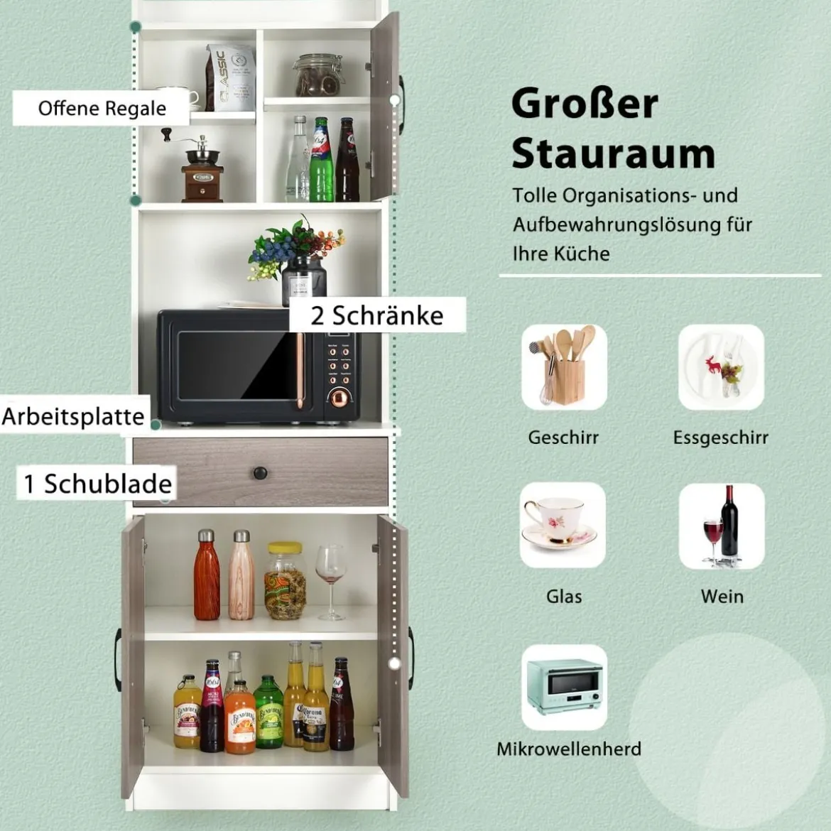 Küchenschrank Hochschrank Holz mit Schublade Verstellbare Einlegeböden 60 x 40 x 180 cm Weiß