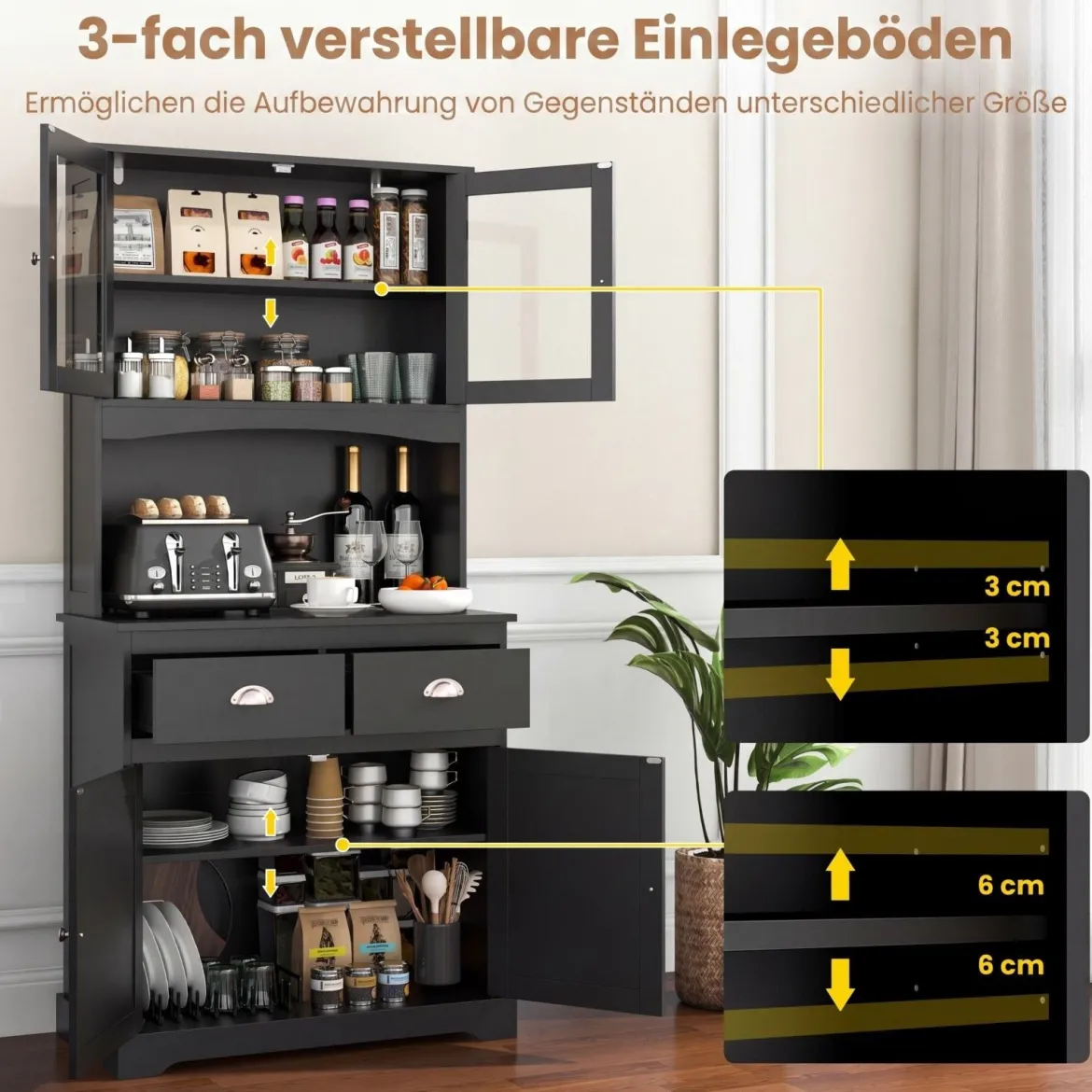 Küchenschrank Hochschrank mit 4 Türen & 2 Schubladen & Arbeitsplatte & 2 Schränken 80 x 40 x 170 cm Schwarz
