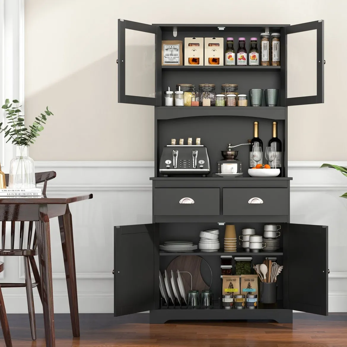 Küchenschrank Hochschrank mit 4 Türen & 2 Schubladen & Arbeitsplatte & 2 Schränken 80 x 40 x 170 cm Schwarz