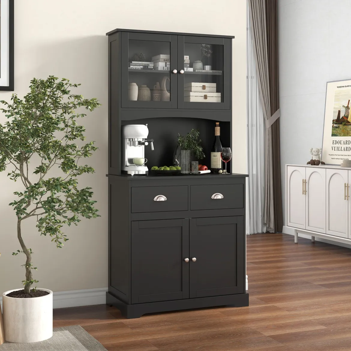Küchenschrank Hochschrank mit 4 Türen & 2 Schubladen & Arbeitsplatte & 2 Schränken 80 x 40 x 170 cm Schwarz