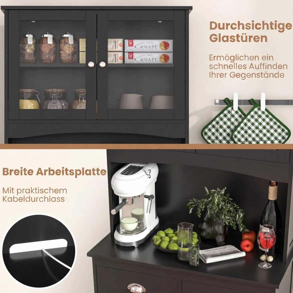 Küchenschrank Hochschrank mit 4 Türen & 2 Schubladen & Arbeitsplatte & 2 Schränken 80 x 40 x 170 cm Schwarz