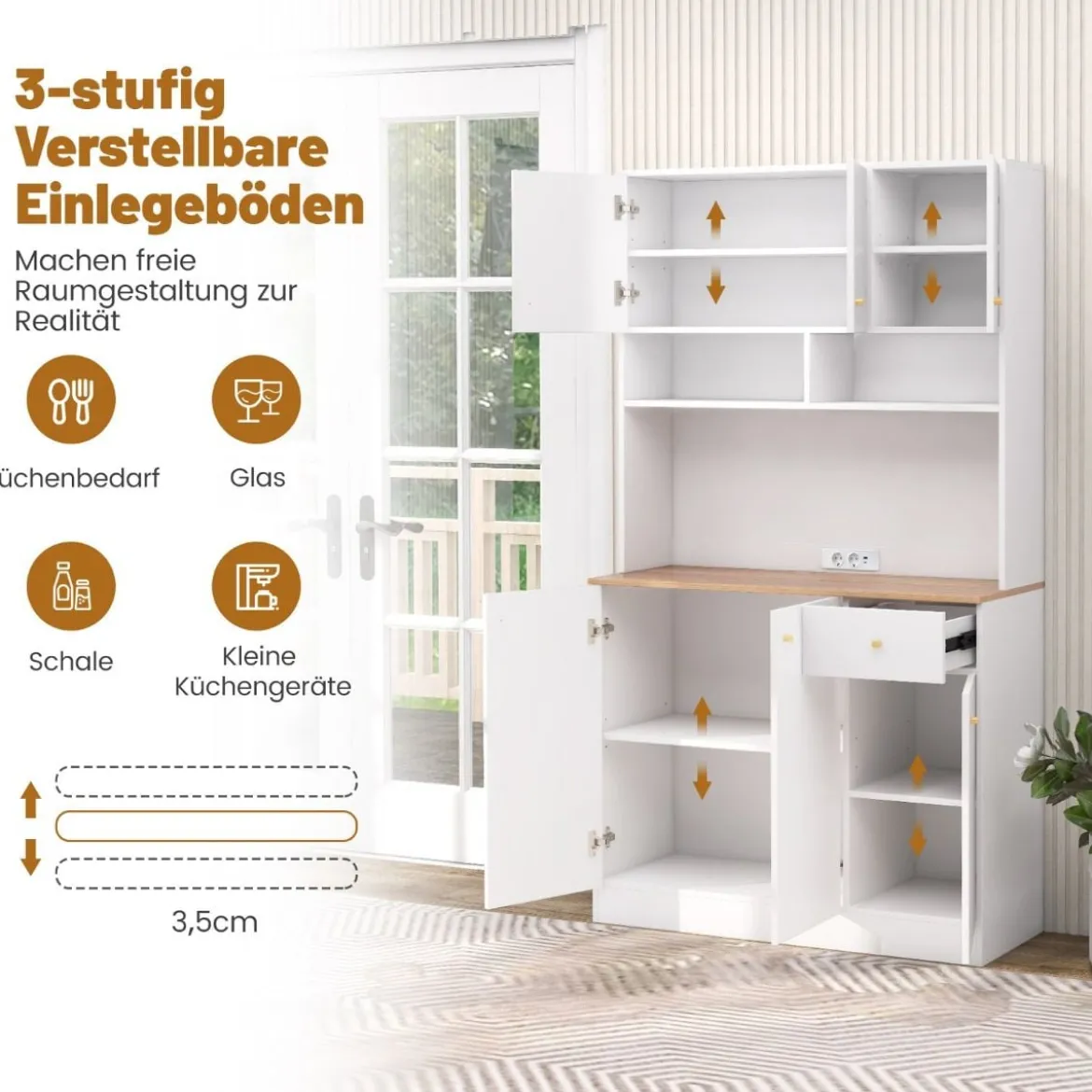 Küchenschrank Holz Buffetschrank mit Steckdosen & USB-Anschlüssen Hochschrank Küchen 100 x 40 x 181 cm Weiß