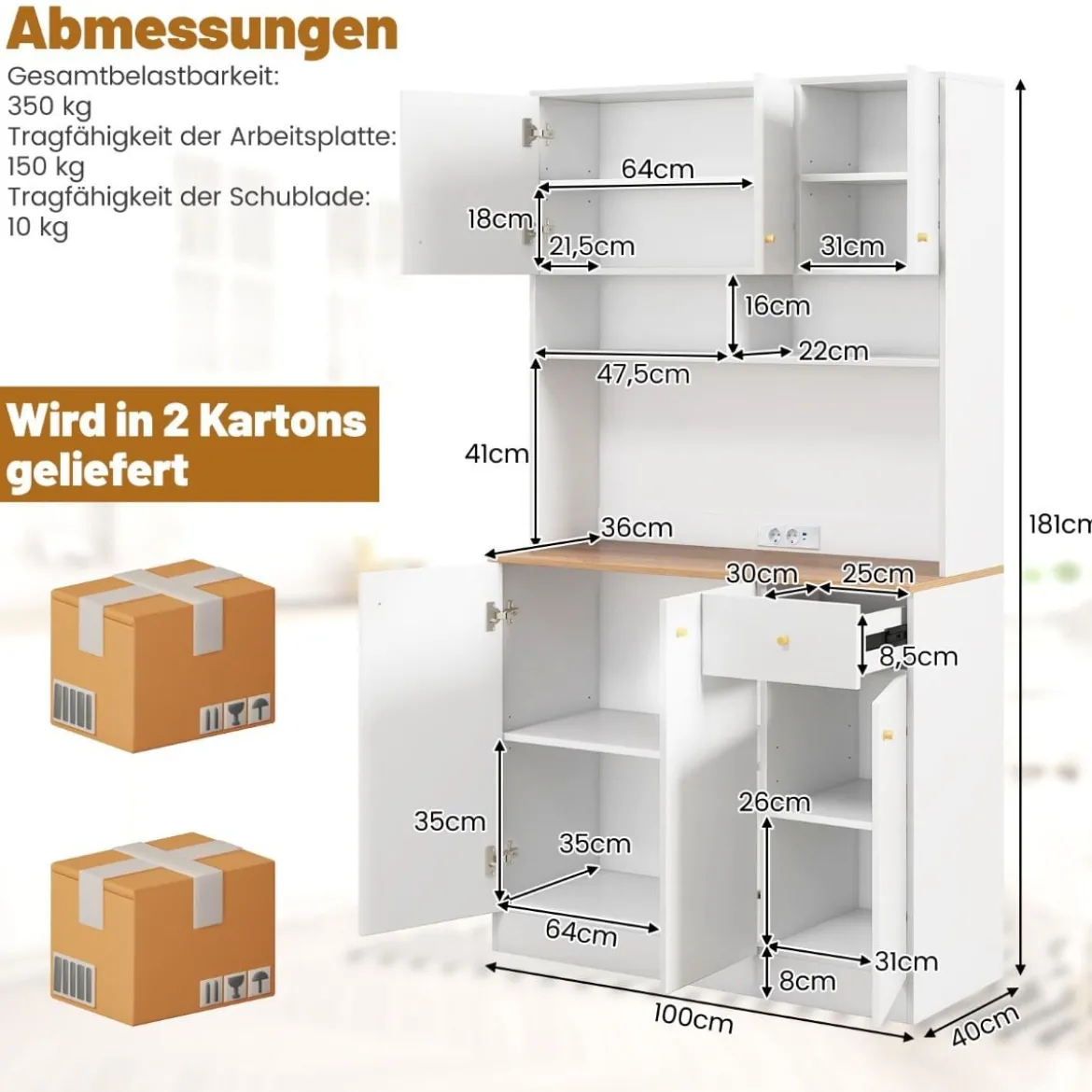 Küchenschrank Holz Buffetschrank mit Steckdosen & USB-Anschlüssen Hochschrank Küchen 100 x 40 x 181 cm Weiß